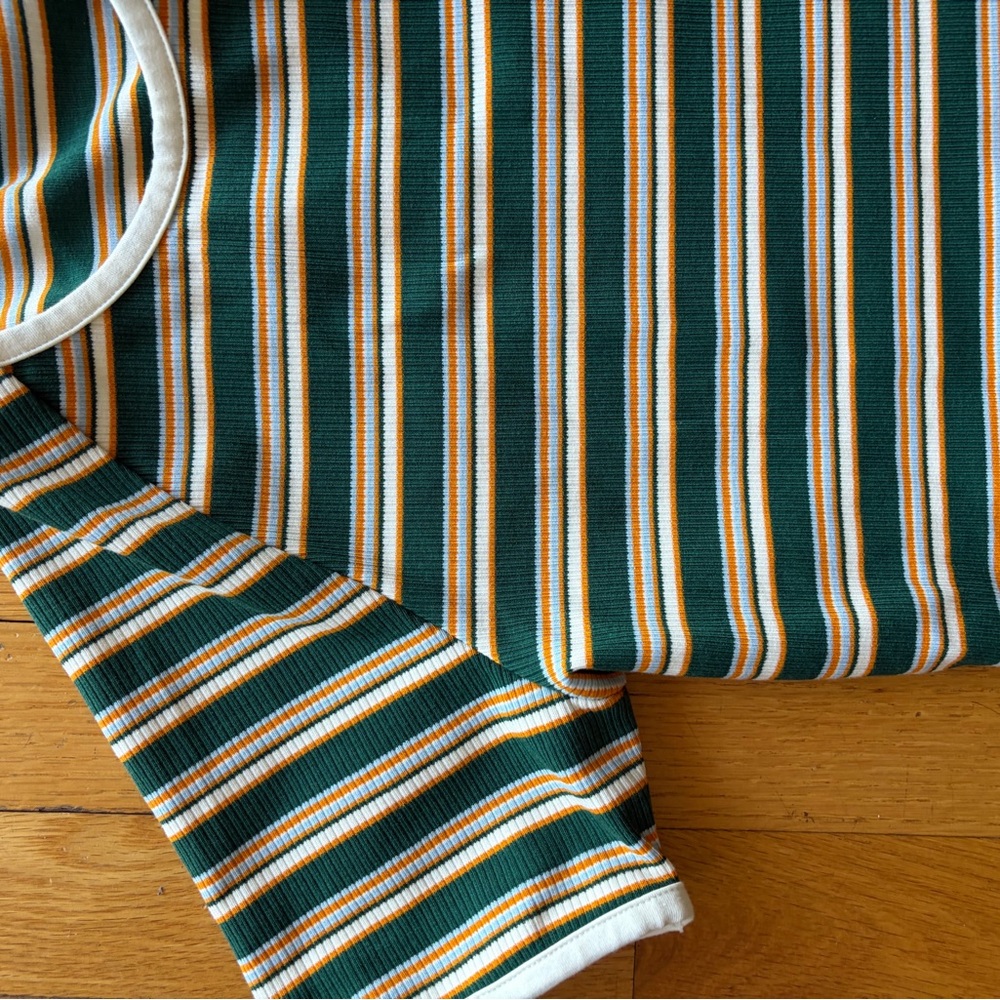 adidas Originals Green White Yellow Striped Crop Top and High-Waist Shorts Set - Picture 6 of 9